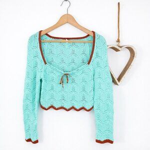 Urban Outfitters Mint Green Crochet Crop Sweater MEDIUM Tie Front Boho Cottage